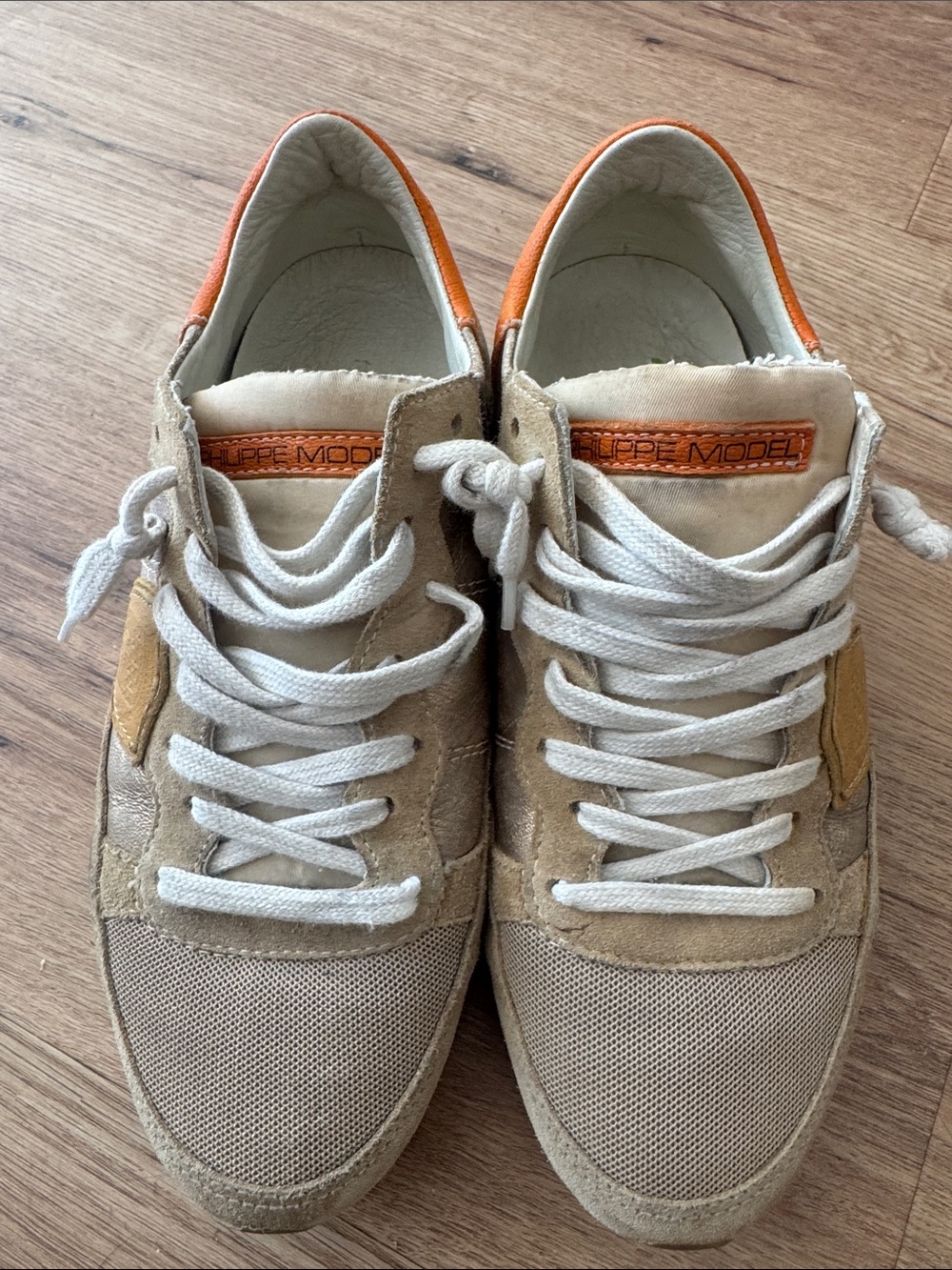 Philippe Model Men’s Beige and Orange-Trim Suede Mesh Sneakers